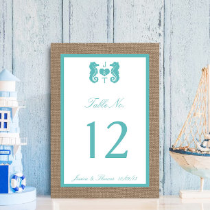 Turquoise Seahorse Burlap Beach Wedding Collection Table Number