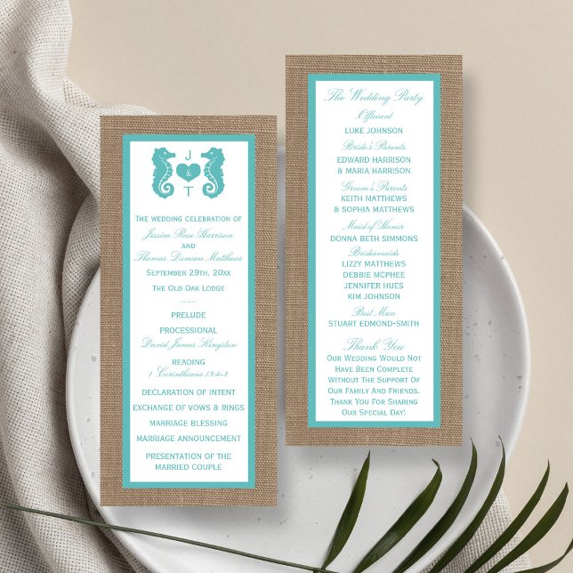 Turquoise Seahorse Burlap Beach Wedding Program Rack Card (Creator Uploaded)