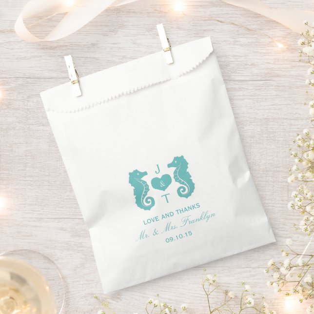 Turquoise Seahorse Monogram Beach Wedding Favour Bags (Clipped)