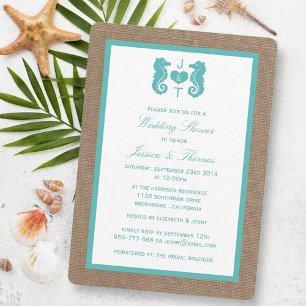 Turquoise Seahorse On Burlap Beach Wedding Shower Invitation