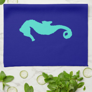 Turquoise Seahorse On Navy Blue Coastal Decor Tea Towel