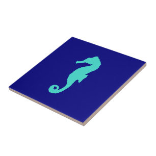 Turquoise Seahorse On Navy Blue Coastal Decor Tile