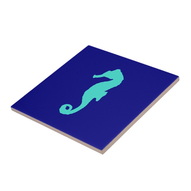 Turquoise Seahorse On Navy Blue Coastal Decor Tile (Side)