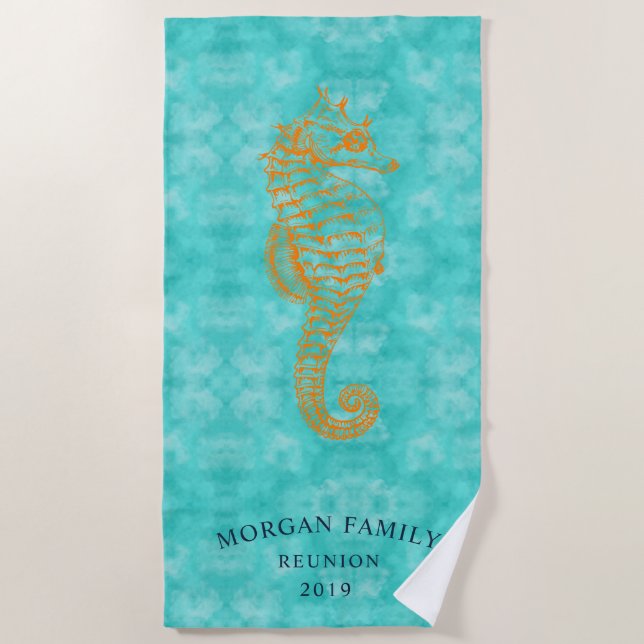 Turquoise Seahorse | Personalised Beach Towel (Front)