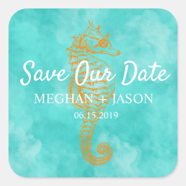 Turquoise Seahorse | Save The Date Sticker (Front)