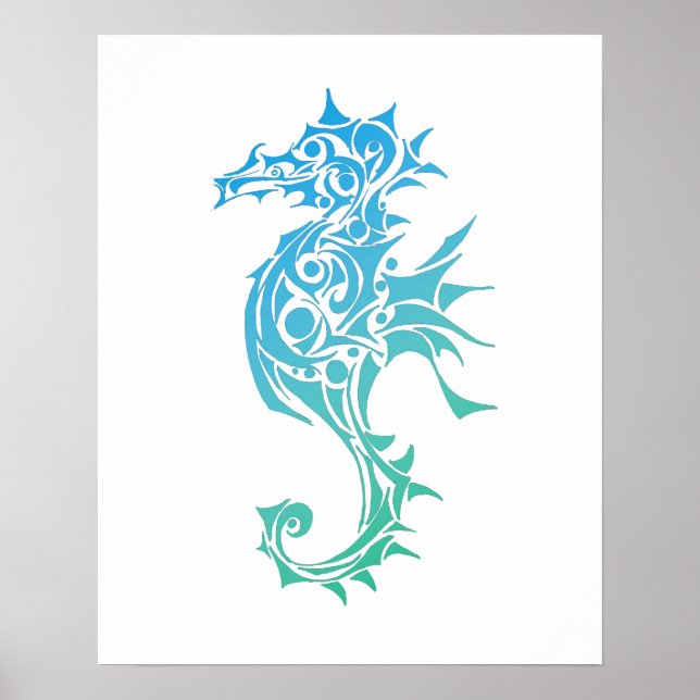 Turquoise Seahorse Tribal Tattoo Poster Print (Front)