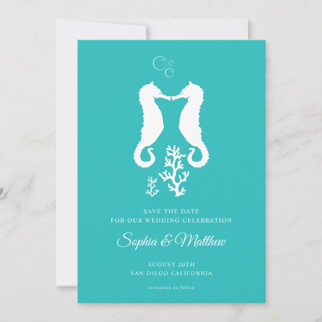 Turquoise Seahorse Tropical Beach Save The Date (Front)