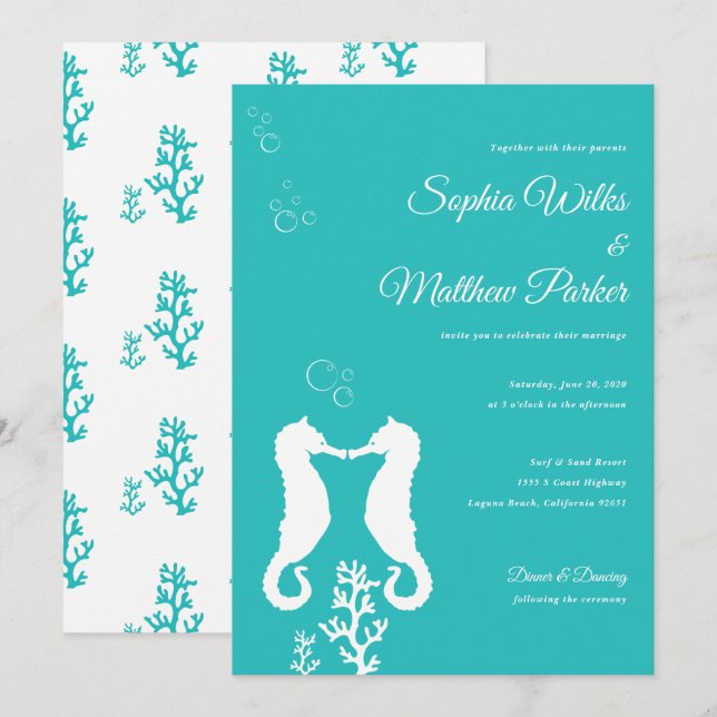 Turquoise Seahorse Wedding Invitation (Front/Back)