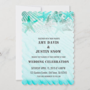 Turquoise seashell sand starfish wedding invites