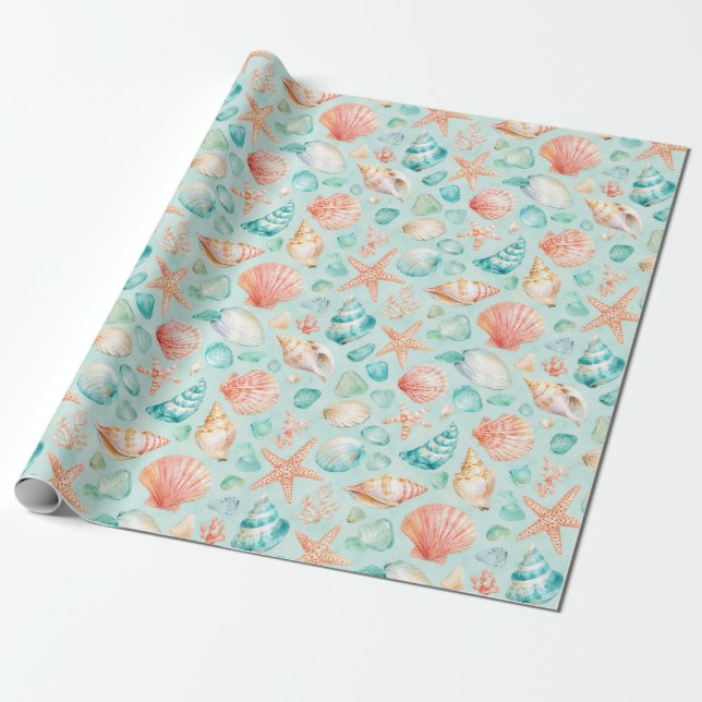 Turquoise Seashell Starfish Watercolor Beach Gift  Wrapping Paper (Unrolled)