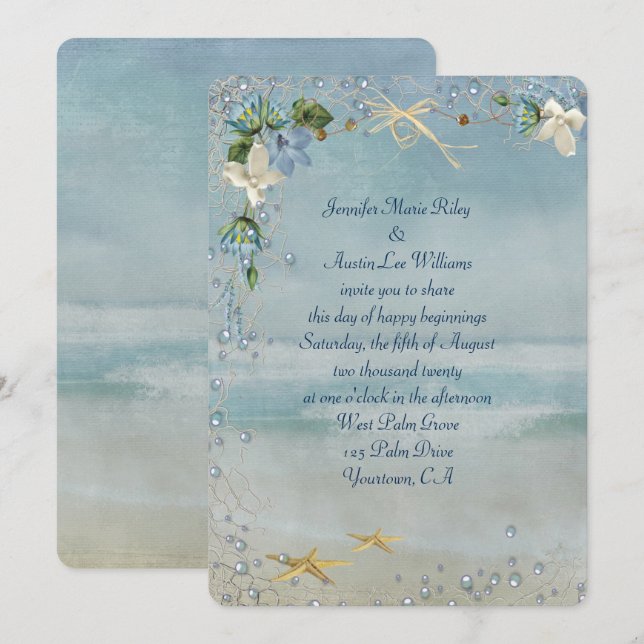 turquoise seashore with starfish and bubbles invitation (Front/Back)
