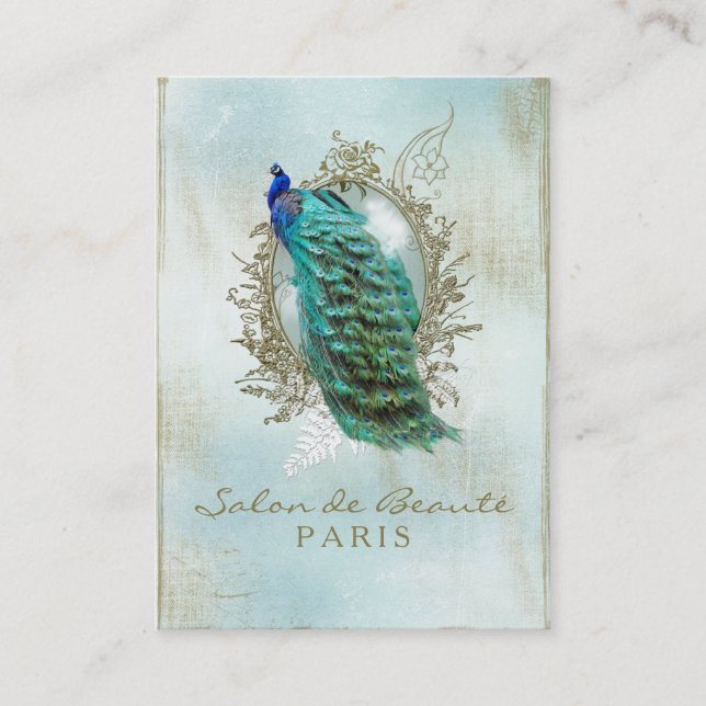 Turquoise Shabby Peacock Business Card (Front)