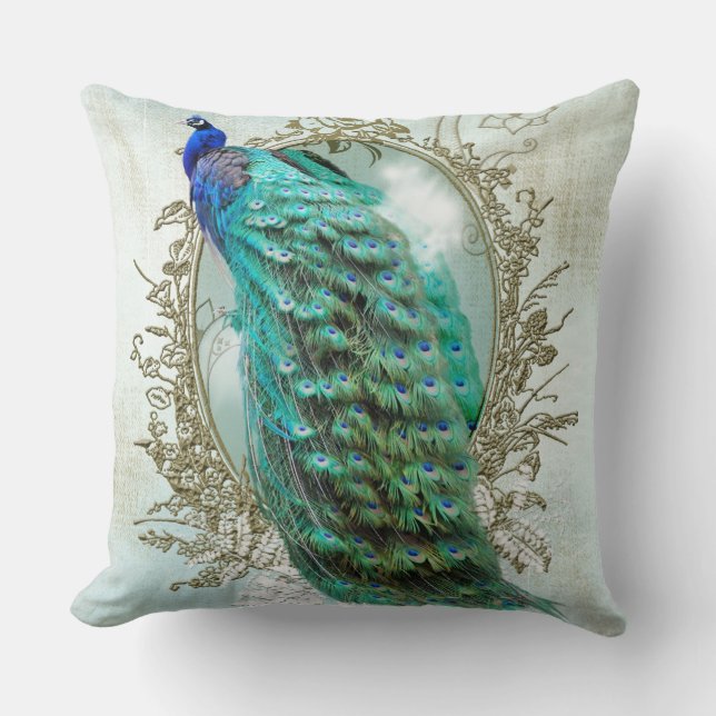 Turquoise Shabby Peacock Cushion (Front)