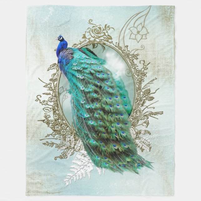 Turquoise Shabby Peacock Fleece Blanket (Front)