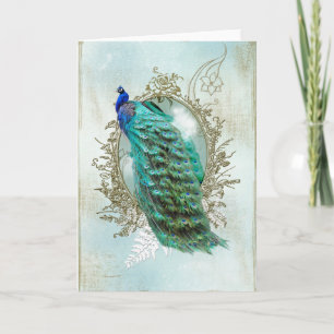 Turquoise Shabby Peacock Holiday Card