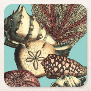 Turquoise Shell and Red Coral Collection Square Paper Coaster