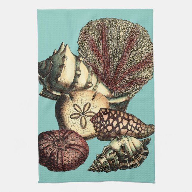 Turquoise Shell and Red Coral Collection Tea Towel (Vertical)