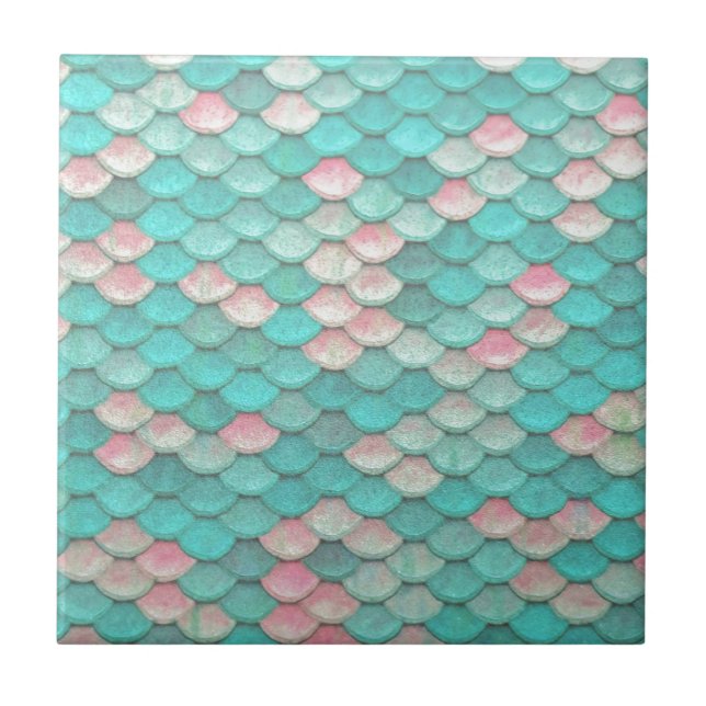 Turquoise Shiny Fish Scales Effect Pattern Tile (Front)