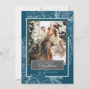 Turquoise Silver Botanical Merry Christmas Photo Holiday Card