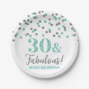 Turquoise Silver Confetti 30 and Fabulous  Paper Plate