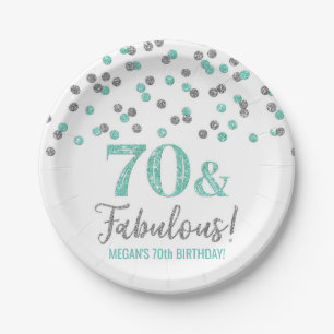 Turquoise Silver Confetti 70 and Fabulous Birthday Paper Plate