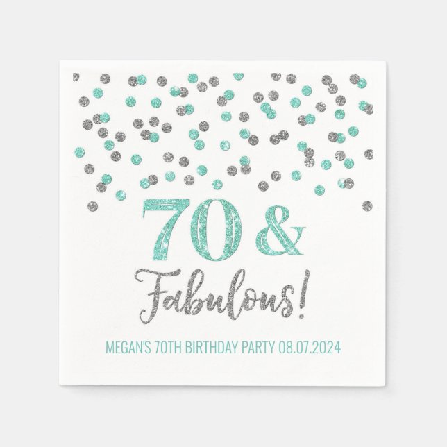 Turquoise Silver Confetti 70 & Fabulous  Napkin (Front)