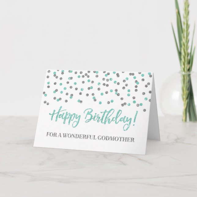 Turquoise Silver Confetti Godmother Birthday Card (Front)