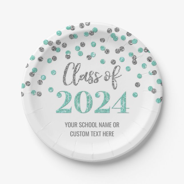 Turquoise Silver Confetti Graduation 2024 Paper Plate (Front)