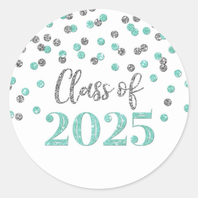 Turquoise Silver Confetti Graduation 2025 Classic Round Sticker (Front)