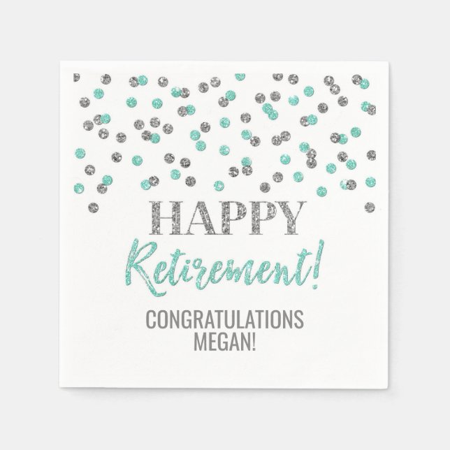 Turquoise Silver Confetti Happy Retirement Napkin (Front)