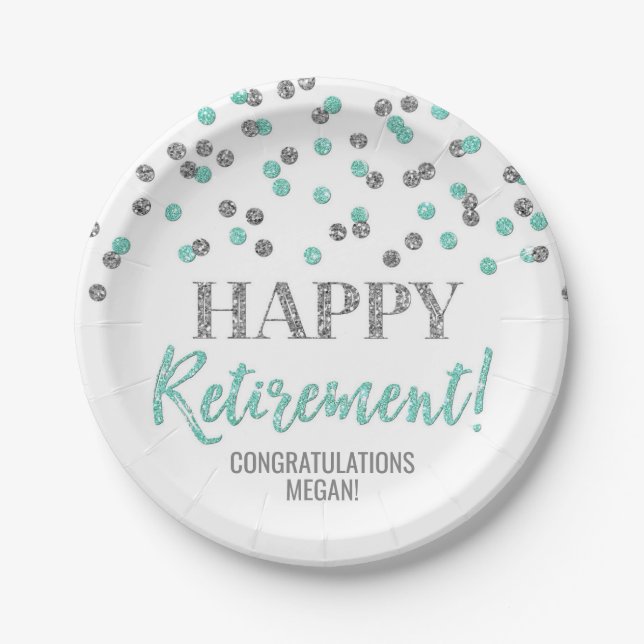 Turquoise Silver Confetti Happy Retirement Paper Plate (Front)