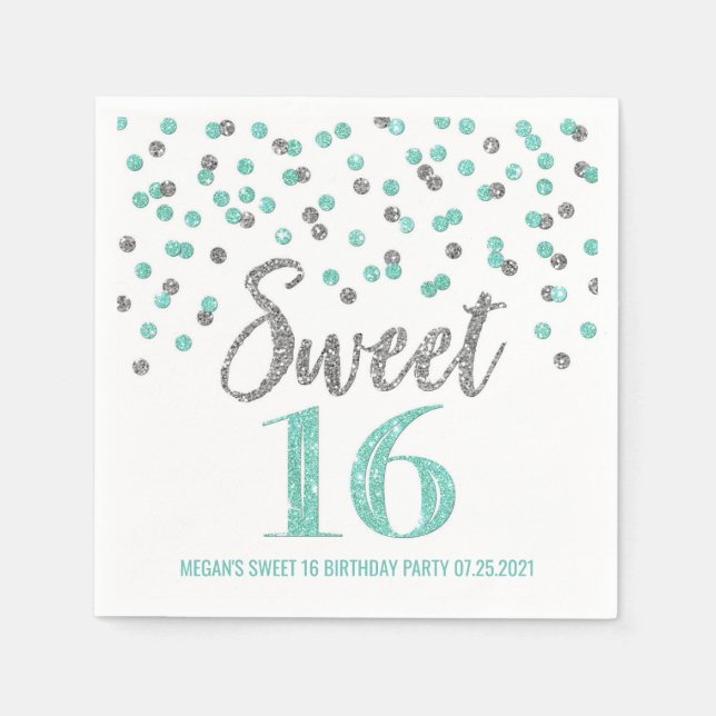 Turquoise Silver Confetti Sweet 16 Birthday Napkin (Front)