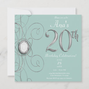 Turquoise Silver Diamond 20 20th Birthday Party Invitation