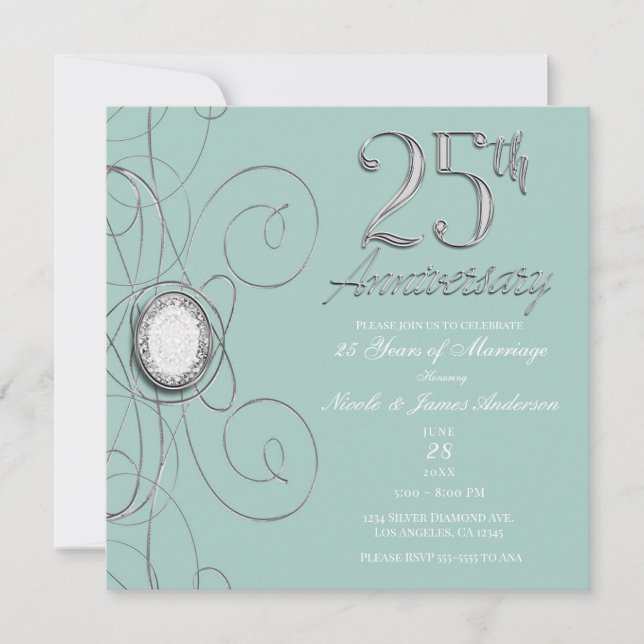 Turquoise Silver Diamond 25 25th Anniversary Party Invitation (Front)