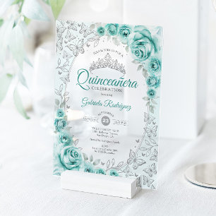 Turquoise Silver Floral Quinceanera Acrylic Invitations
