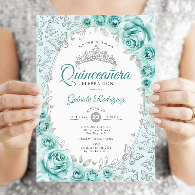 Turquoise Silver Floral Quinceanera Invitation (Creator Uploaded)