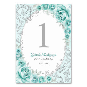 Turquoise Silver Floral Quinceanera Table Number