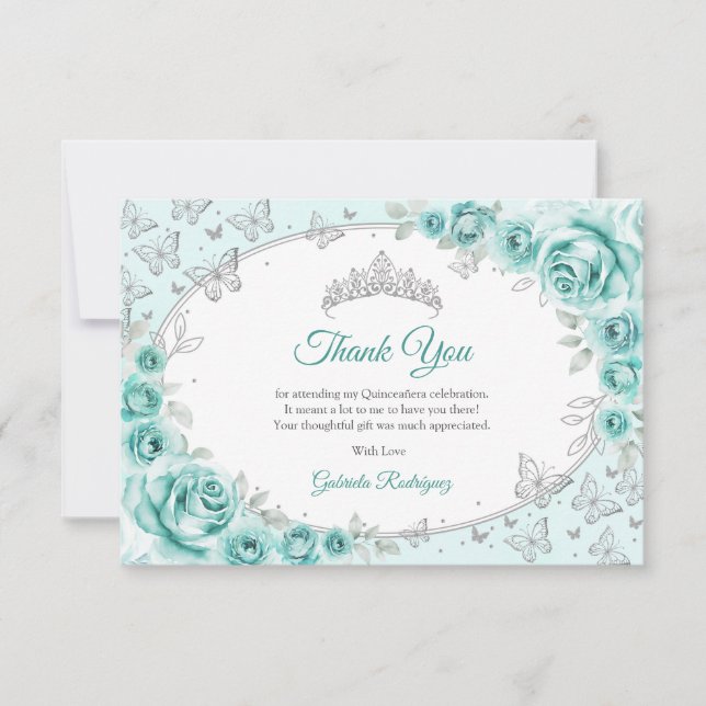 Turquoise Silver  Floral Quinceanera Thank You Card (Front)