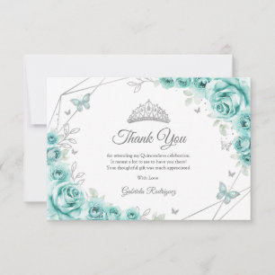Turquoise Silver Floral Quinceanera Thank You Card