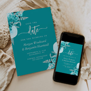 Turquoise Silver Floral Wedding Save the Date Invitation