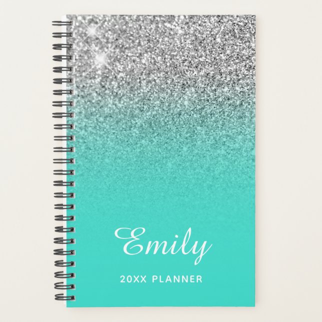 Turquoise Silver Glitter Ombre Personalised Planner (Front)