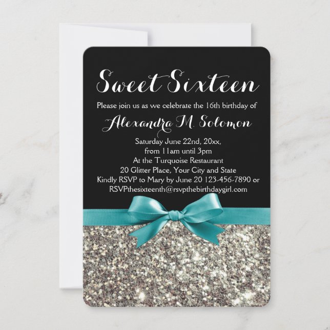 Turquoise Silver Glitter Sweet 16 Party Invitation (Front)