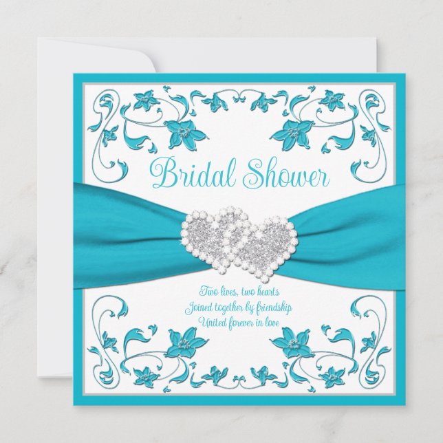 Turquoise, Silver Love Hearts Bridal Shower Invitation (Front)