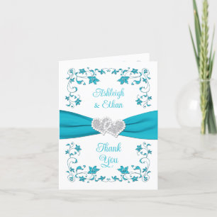 Turquoise, Silver Love Hearts Thank You Card
