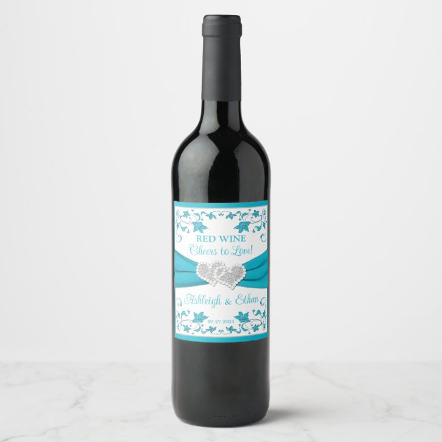 Turquoise, Silver Love Hearts Wedding Beverage Wine Label (Front)