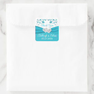 Turquoise, Silver Love Hearts Wedding Favour Square Sticker