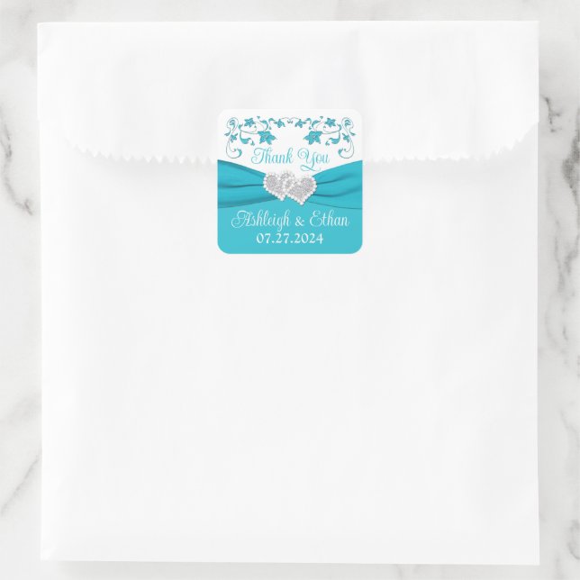 Turquoise, Silver Love Hearts Wedding Favour Square Sticker (Bag)