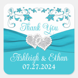 Turquoise, Silver Love Hearts Wedding Favour Square Sticker