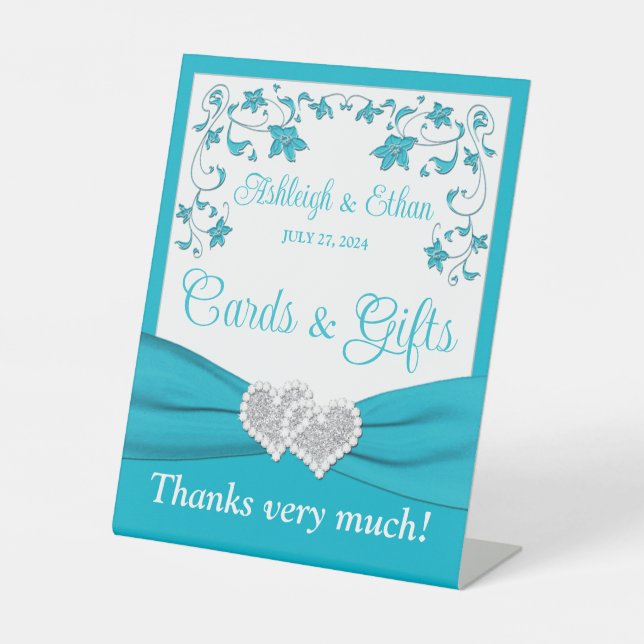 Turquoise, Silver Love Hearts Wedding Pedestal Sign (Front)