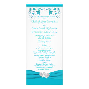 Turquoise, Silver Love Hearts Wedding Program Rack Card